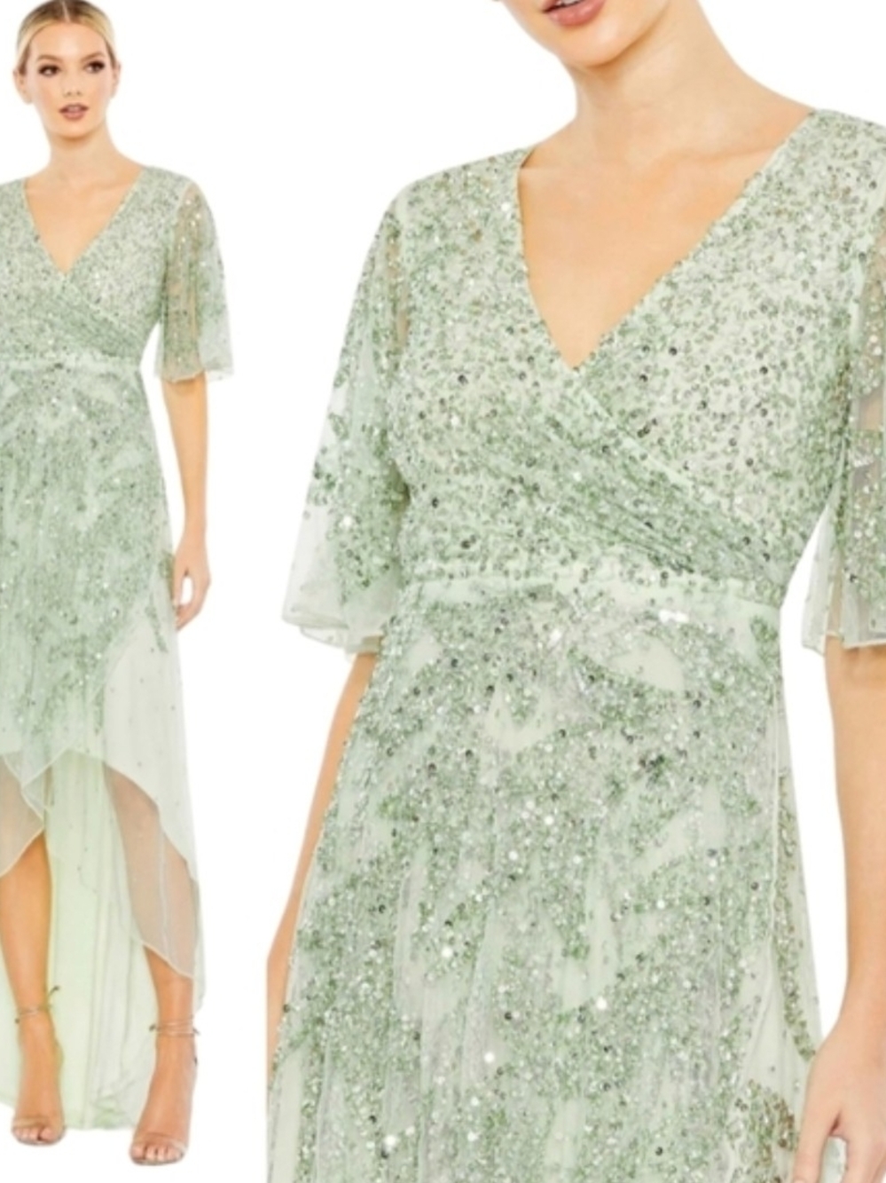 Mac Duggal Sage Green Embellished High-Low V-Neck Dress Size 16, 93681